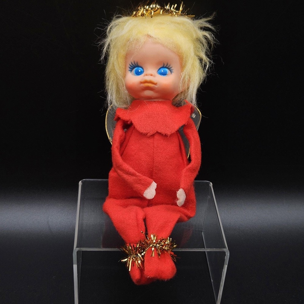 VTG Red Pixie Angel Knee Hugger Ornament 50s Felt Tinsel Halo Wings Japan
